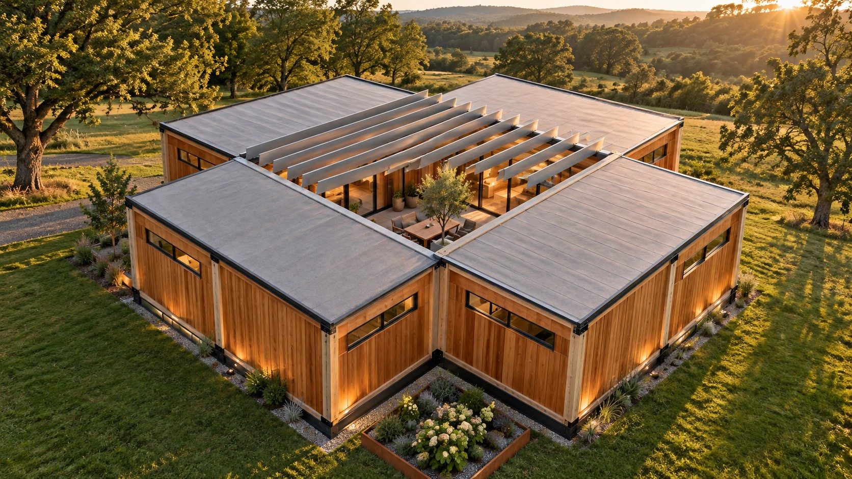 A four-bloxx HomeBloxx home built around a private courtyard with an open roof